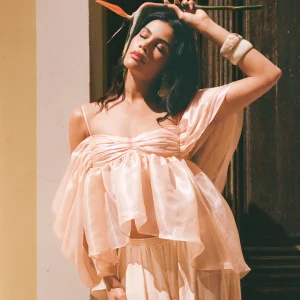 Haut dos nu en organza et à volants - Abricot