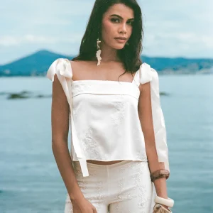 Haut brodé à dos ouvert et à liens - Beige