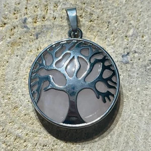 Pendentif en Quartz rose avec arbre de vie