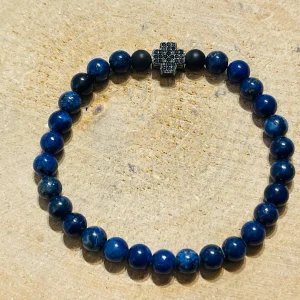 Lot de 5 Bracelets en perles naturelles en Lapis-lazuli, Agates noires et croix en diamants Cz (35)