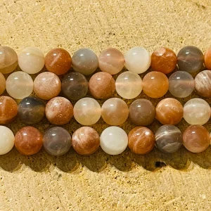 Perles naturelles en Pierre de Lune pêche grise blanche en 8 mm