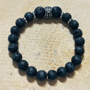 Lot de 5 Bracelets en perles naturelles en Pierre de Lave et croix en acier inoxydable (1)