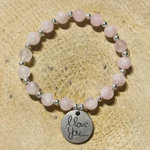 Lot de 5 Bracelets en perles naturelles en Quartz rose et breloque I love you (6)