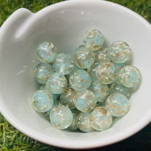Lot de Perles Lumineuses en verre bleu crème et paillettes dorées en 12 mm pour bracelet
