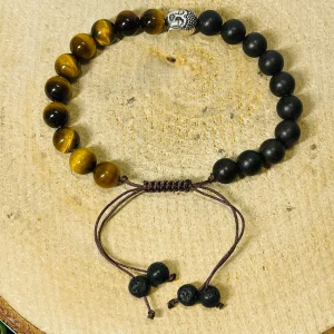 Lot de 5 Bracelets réglables en perles naturelles en Oeil de tigre, bois de santal, pierre de lave et bouddha (25)