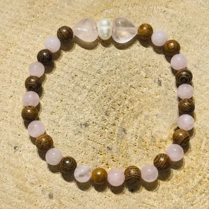 Lot de 5 Bracelets de perles en pierre naturelle en Quartz rose, bois de wengé, perle de culture et coeurs en Quartz rose (2)