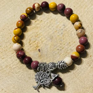 Lot de 5 Bracelets en perles en pierre naturelle Jaspe Mokaite 8 mm et arbre de vie (98)