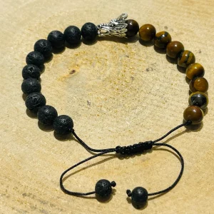 Lot de 5 Bracelets réglables en perles naturelles en Oeil de tigre, pierre de lave et dragon (26)