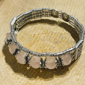 Lot de 5 Bracelets tibetains en perles en pierre naturelle en Quartz rose 8 mm (92)