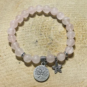 Lot de 5 Bracelets en perles en pierre naturelle en Quartz rose 8 mm, arbre de vie et fleur (83)