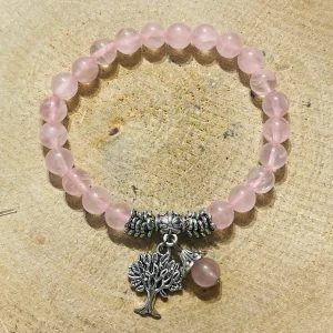 Lot de 5 Bracelets de perles en pierre naturelle en Quartz rose 8 mm et arbre de vie (60)