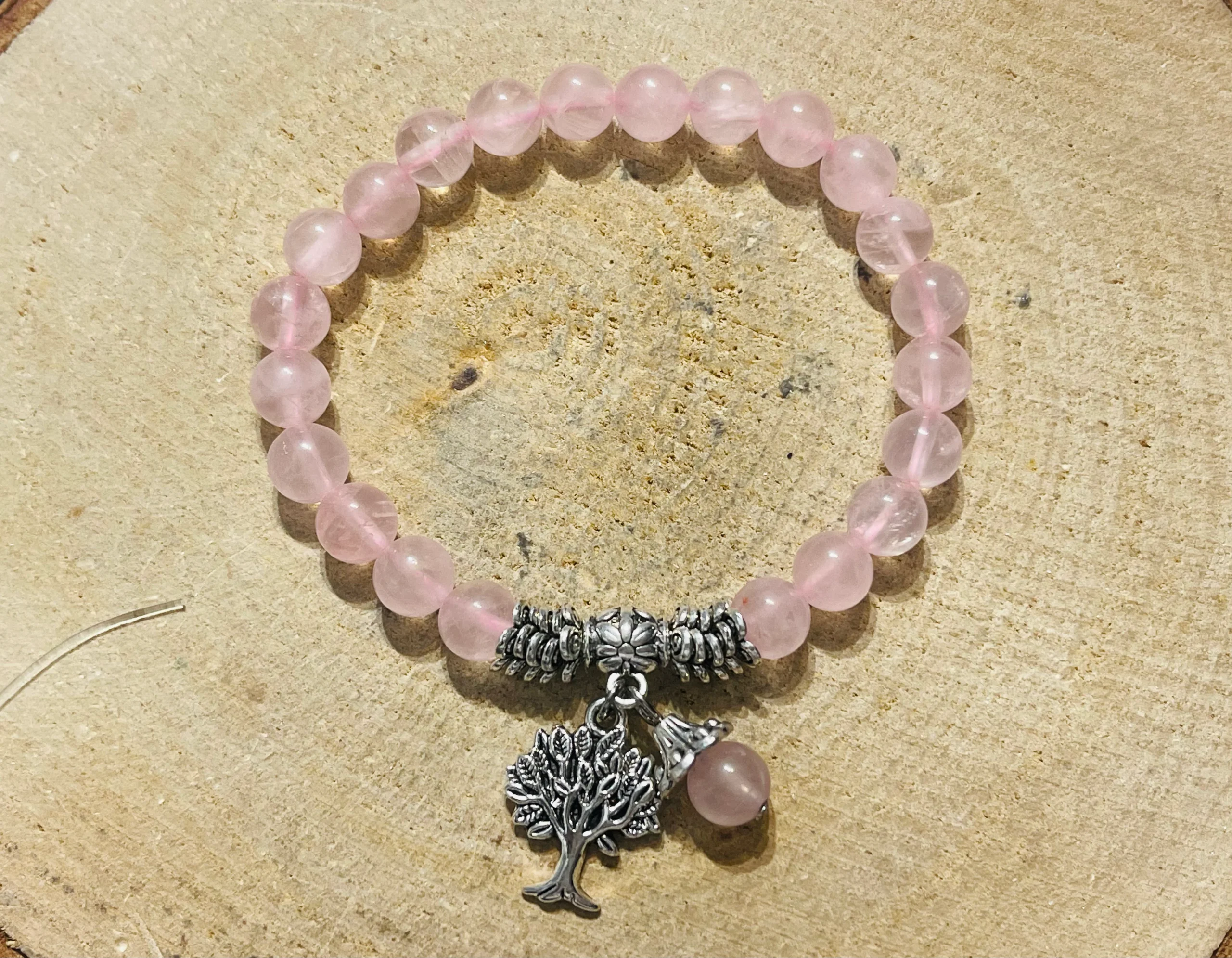 Lot de 5 Bracelets de perles en pierre naturelle en Quartz rose 8 mm et arbre de vie (60) – Image 2