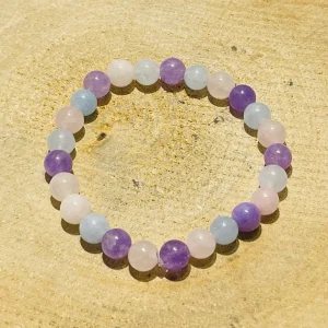Lot de 5 Bracelets de perles en pierre naturelle en Améthyste, Aigue-marine et Quartz rose (30)