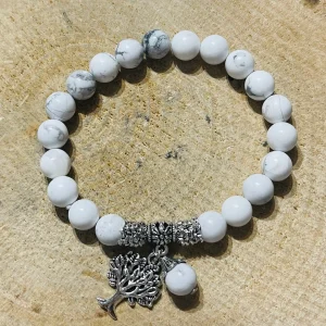 Lot de 5 Bracelets en perles en pierre naturelle Howlite 8 mm et arbre de vie (77)
