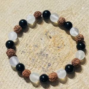 Lot de 5 Bracelets de perles en pierres naturelles en Graines de Rudraksha, Sélénite et Obsidienne (93)