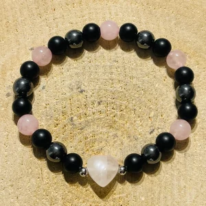 Lot de 5 bracelets en perles naturelles quartz rose 8 mm et cœur (71)