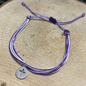 Lot de 5 Bracelets réglables en cordon ciré violet et croix (57)