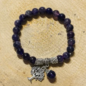 Lot de 5 Bracelets en perles en pierre naturelle Amethyste 8 mm et arbre de vie (78)
