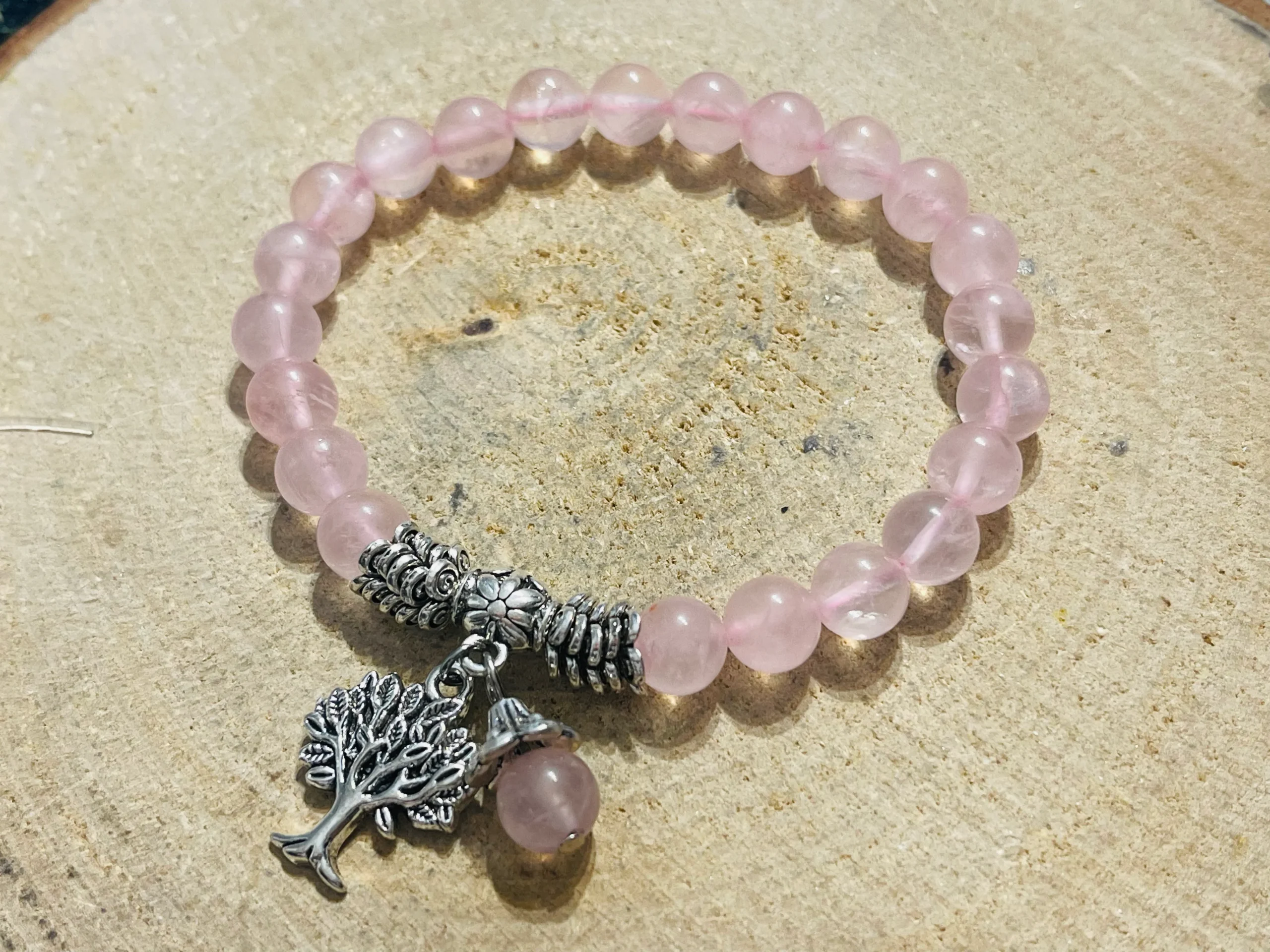 Lot de 5 Bracelets de perles en pierre naturelle en Quartz rose 8 mm et arbre de vie (60) – Image 3