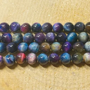 Perles naturelles en Oeil de Tigre arc en ciel en 8 mm