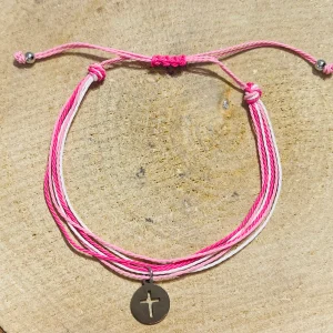 Lot de 5 Bracelets réglables en cordon ciré rose et croix (56)
