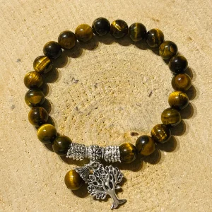 Lot de 5 Bracelets en perles en pierre naturelle Oeil de tigre 8 mm et arbre de vie (80)
