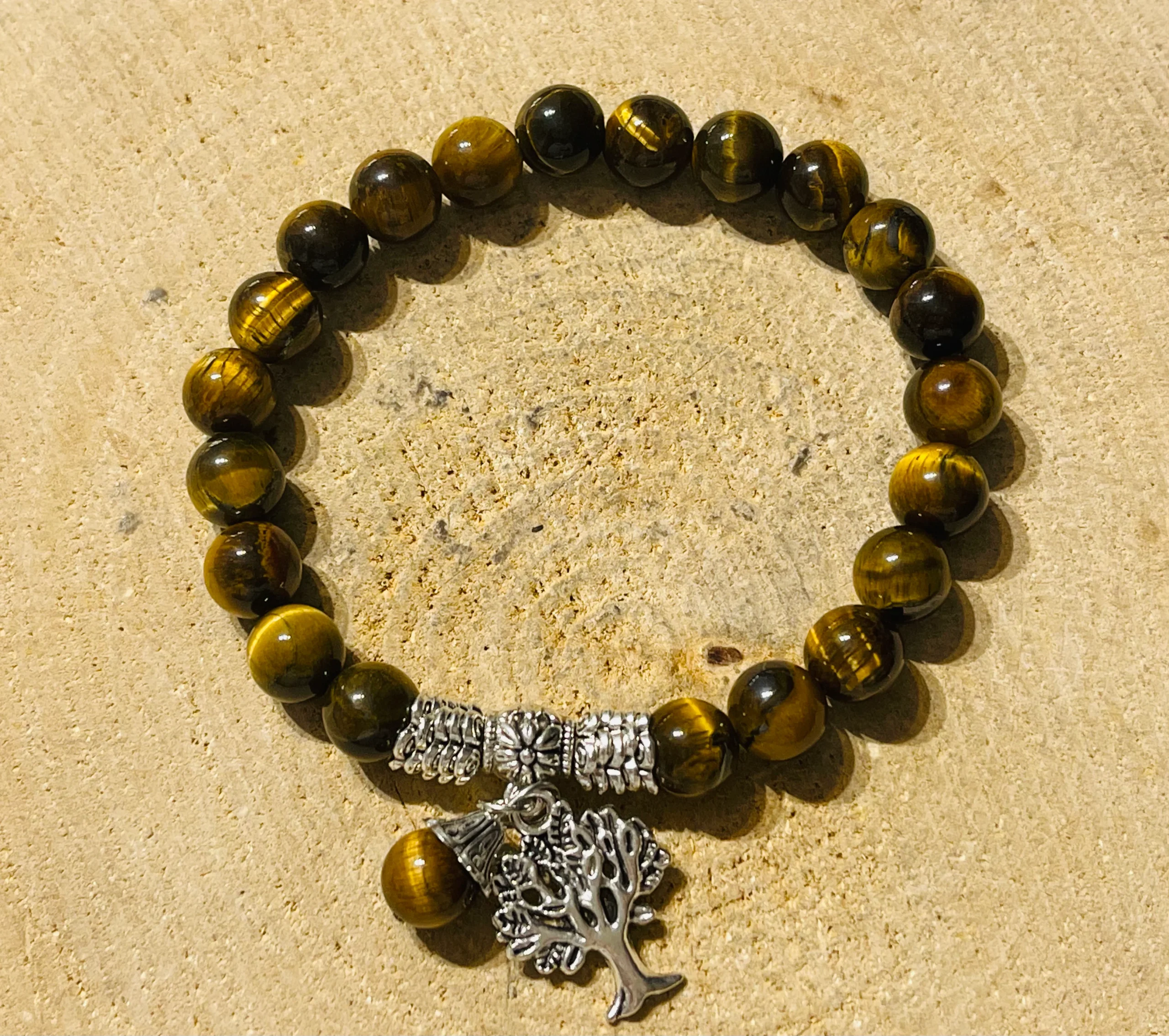 Lot de 5 Bracelets en perles en pierre naturelle Oeil de tigre 8 mm et arbre de vie (80)