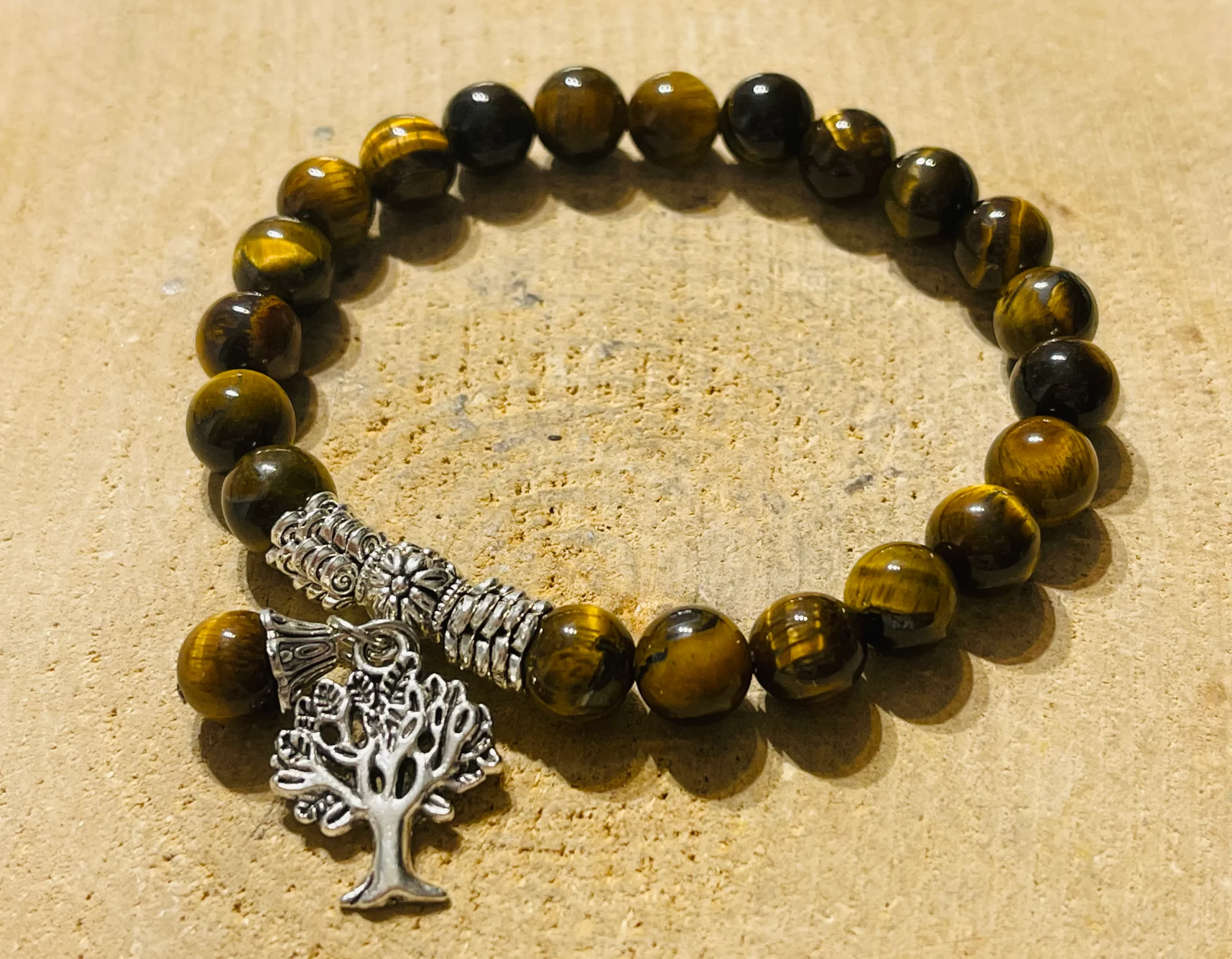 Lot de 5 Bracelets en perles en pierre naturelle Oeil de tigre 8 mm et arbre de vie (80) – Image 3