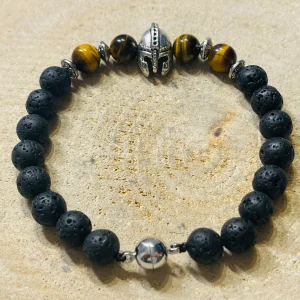 Lot de 5 Bracelets en perles naturelles en Pierre de Lave, Oeil de tigre et casque de gladiateur (45)