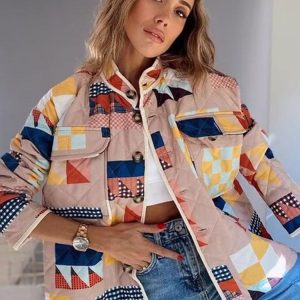Quilted Jacket en Nylon avec Motif Géométrique et Fermeture Éclair