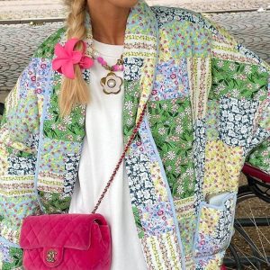 Veste Patchwork Verte Motifs Floraux Multicolores