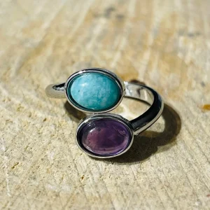 Bague double pierre Amethyste et Amazonite, Taille réglable