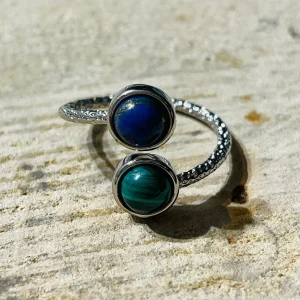 Bague double pierre Malachite et Lapis lazuli, Taille réglable