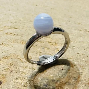 Bague en Argent 925 sertie d’une perle en Calcédoine, Taille réglable