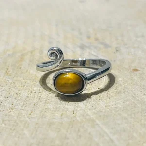 Bague vague en Oeil de tigre ovale, Taille réglable