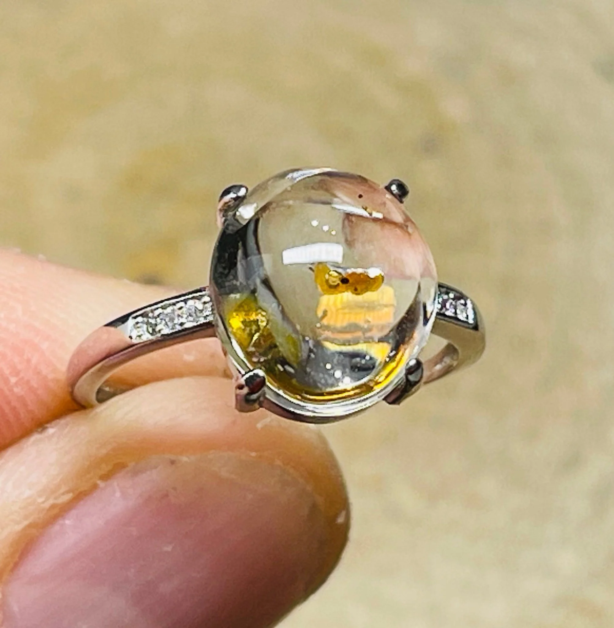 Exceptionnelle Bague en Quartz de pétrole enhydro (bulle d’eau) en Argent 925, taille réglable. – Image 3
