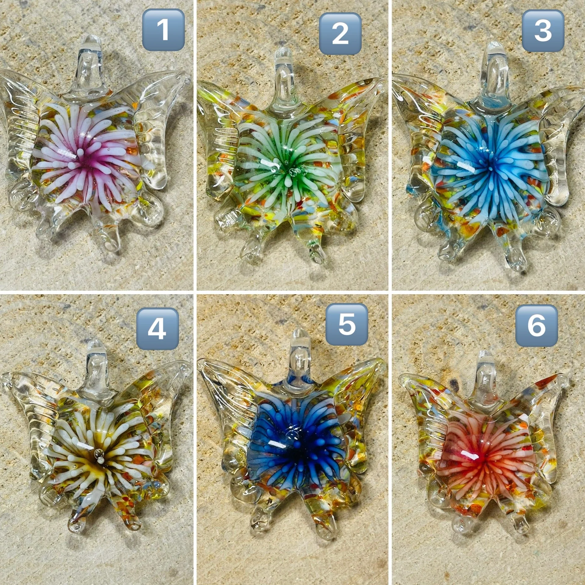 Pendentif en verre en forme de papillon avec fleur à l’intérieur. – Image 2